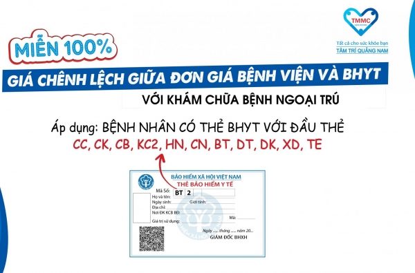 “MIỄN 100% PHẦN GIÁ CHÊNH LỆCH GIỮA ĐƠN GIÁ BỆNH VIỆN VÀ GIÁ BHYT VỚI KHÁM CHỮA BỆNH NGOẠI TRÚ”